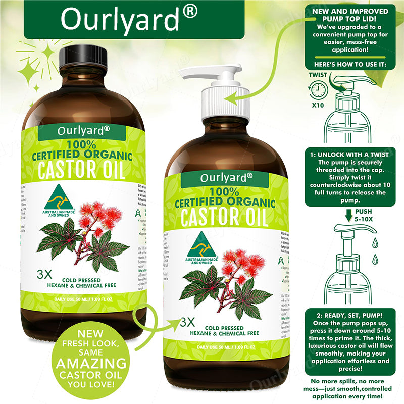 💖💖Ourlyard® 3X Concentrated Castor Oil – Australian Certified Organic, 100% Pure & Cold Pressed. Boosts Hair Growth for Thicker, Fuller Hair, Lashes & Brows.